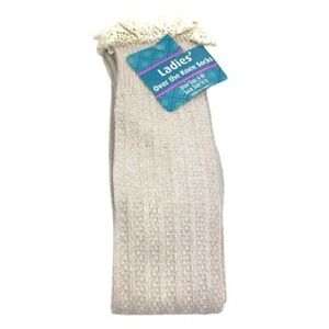 Ladies Over the Knee Socks‎ Beige Cable Knit Sz 9-11 Crochet Lace Top Edge New